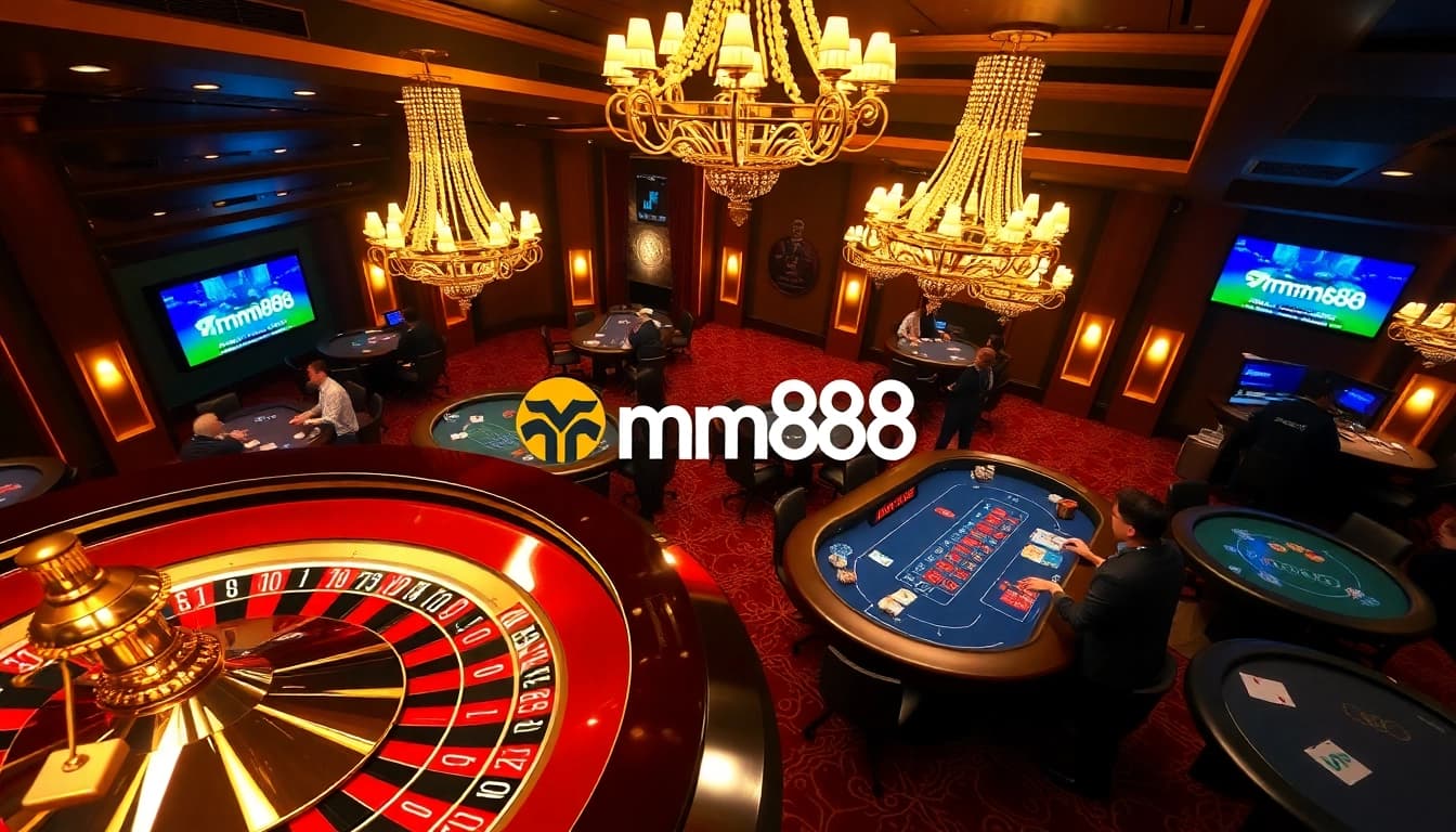 Play exciting casino games at mm88, featuring roulette tables and vibrant poker action.