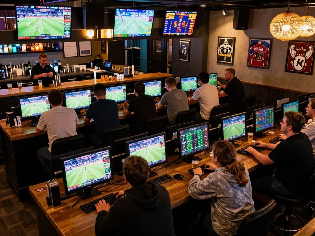 Fans engaging in sports betting actions at btopcshop's vibrant venue full of screens and excitement.