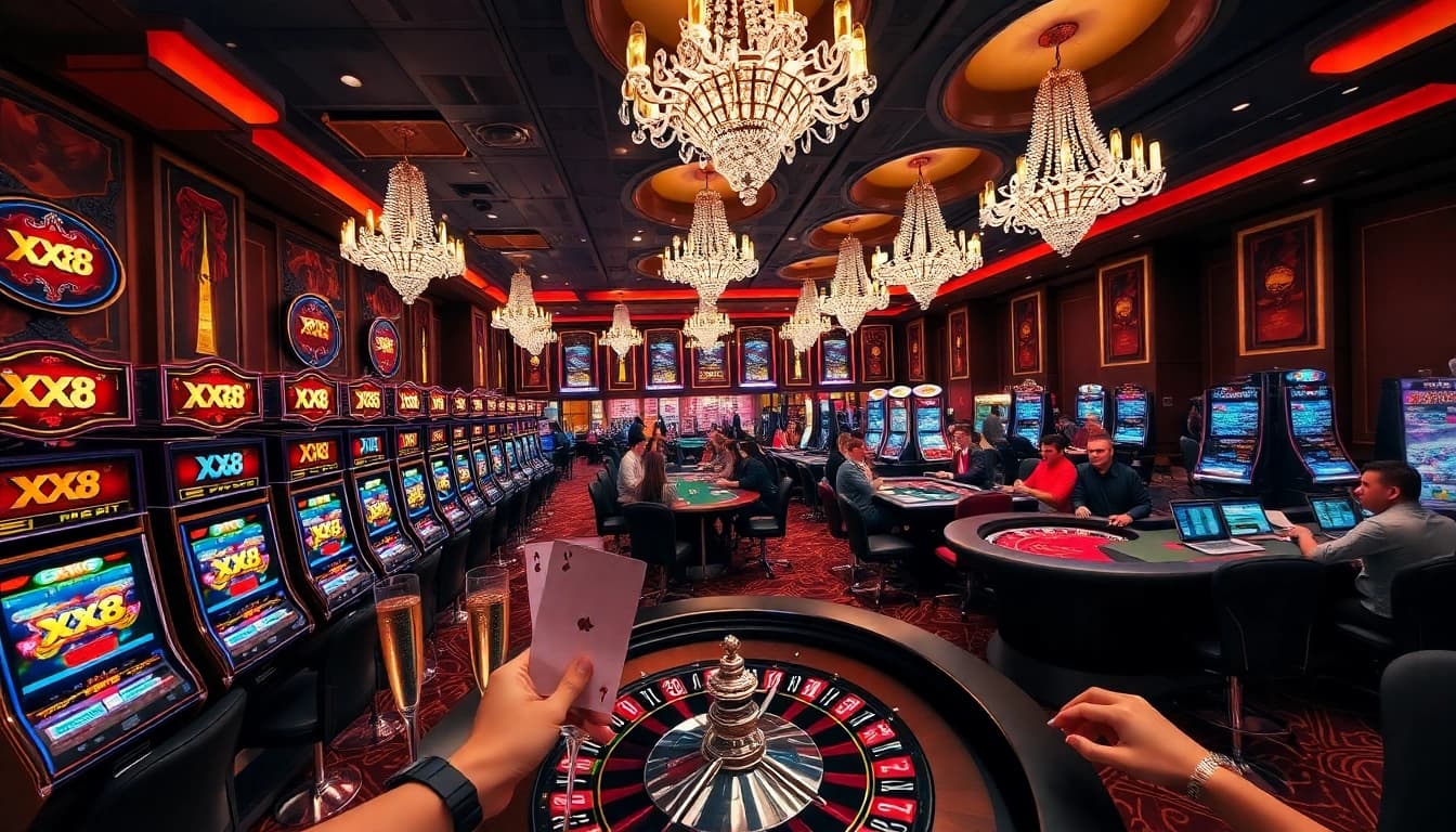 Experience the excitement of XX88 at a luxurious casino filled with vibrant slot machines and poker tables.