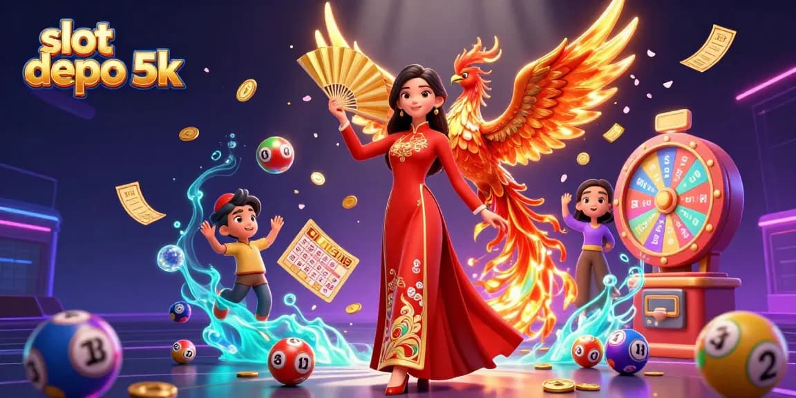 Experience thrilling wins with slot depo 5k and captivating visuals of gaming elements alongside a graceful character.