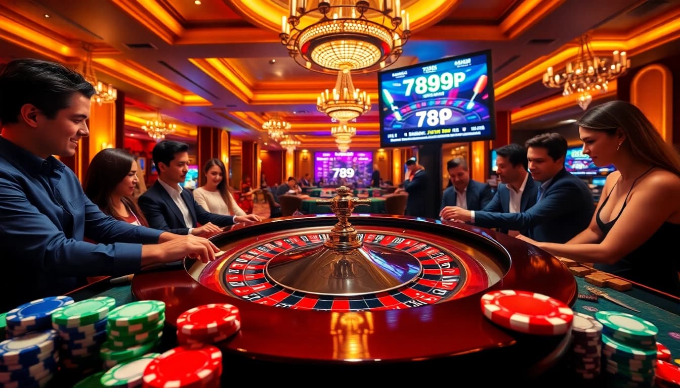 Players engaged in exhilarating betting at the 789P roulette table in a luxurious casino.