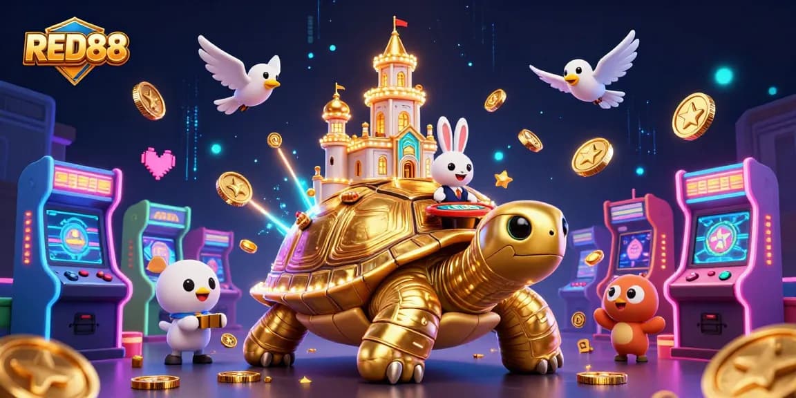 Experience big wins with RED88 in an engaging casino-themed 3D illustration featuring vibrant game elements.