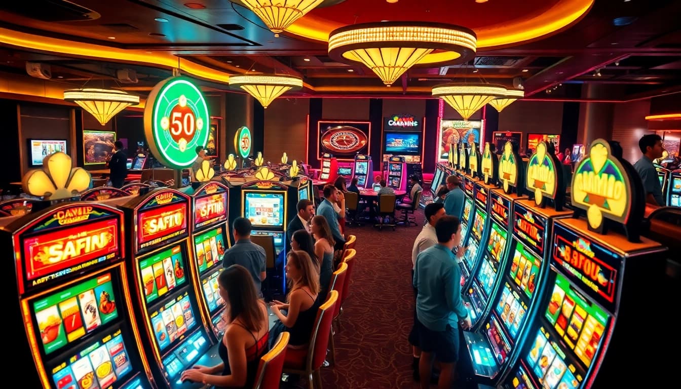 Players enjoying vibrant slot machines in a luxurious casino setting.