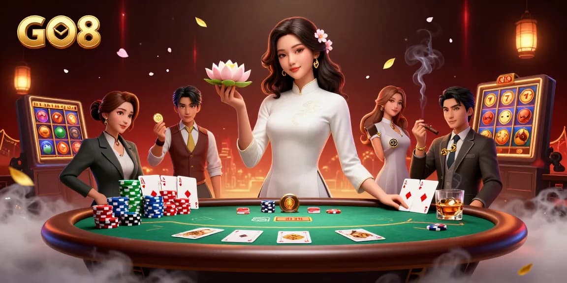 Play thrilling games at GO8's elegant casino scene with vibrant details and engaging elements.