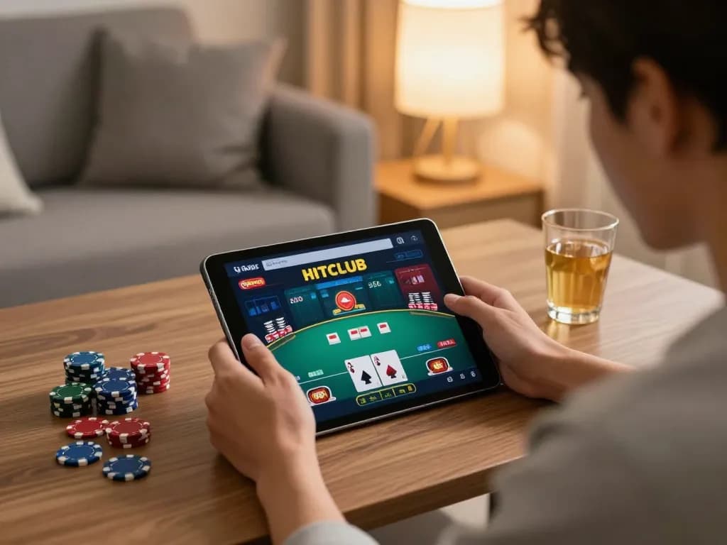 Engaging with the hitclub casino app during an intense poker game in a cozy home setup.
