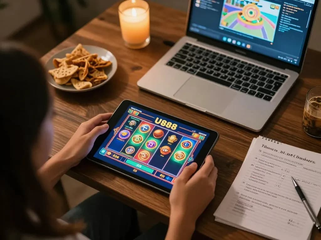 Engaged player enjoying U888 slot games on a tablet in a cozy home setting.