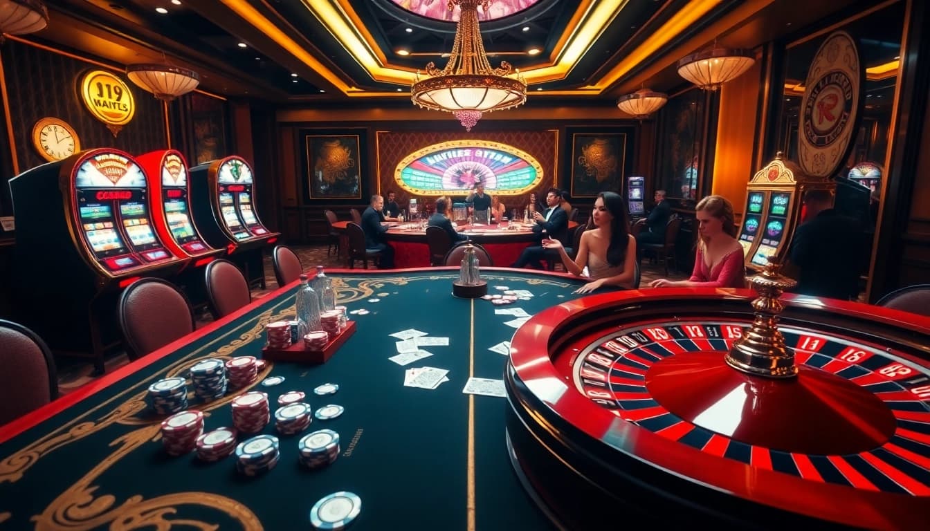 Engaged players at SV388's luxury casino table with poker chips and cards.