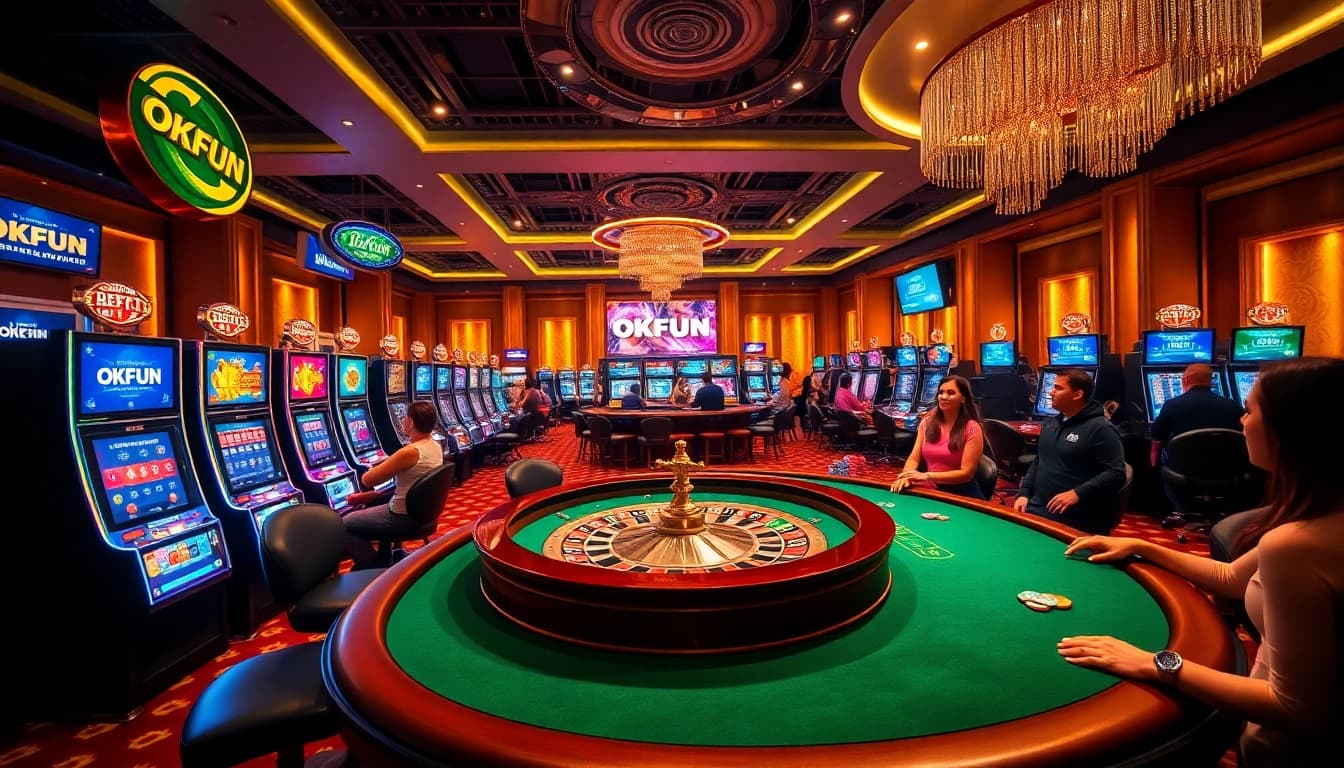 Players enjoy thrilling games at OKFUN casino with vibrant slot machines and excited betting action.