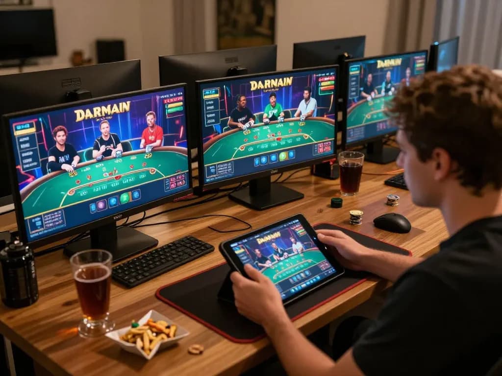 Engaged player enjoying FLY88's live blackjack on tablet, showcasing strategic online gambling.