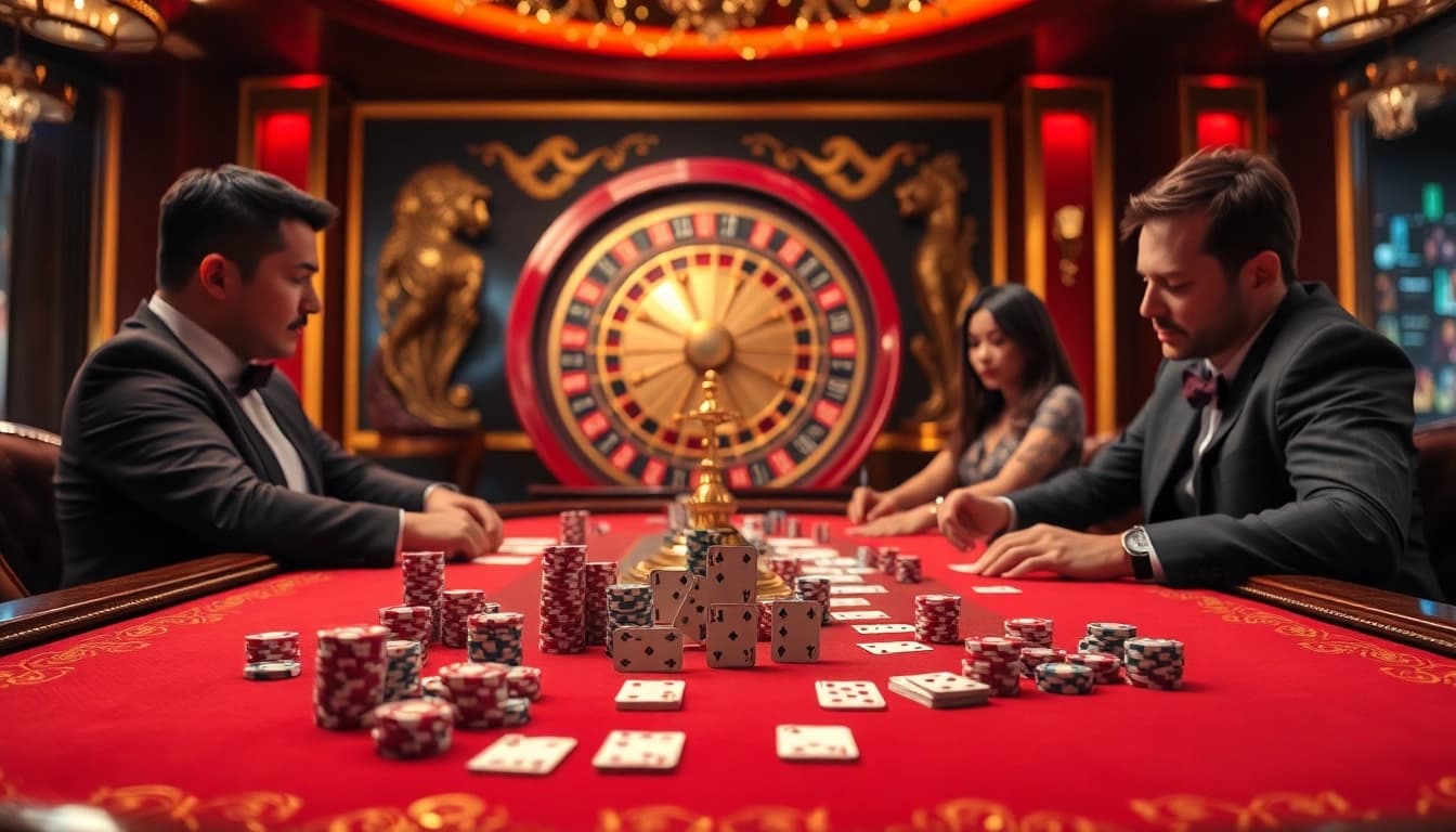 Experience the excitement of Dominoqiu as players engage in high-stakes gambling with luxurious chips and cards.