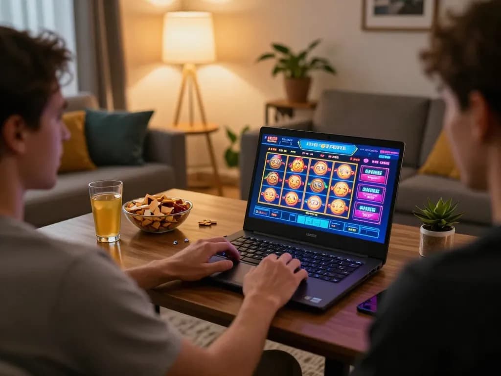 Engaging in online slot games at https://rr88.select/ with cozy home atmosphere and vibrant screen.