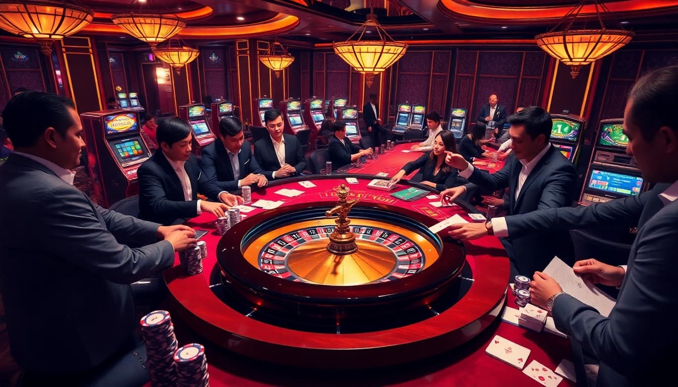 Exciting casino scene showcasing players at trang chủ mm88 roulette table with colorful chips and professional dealers.