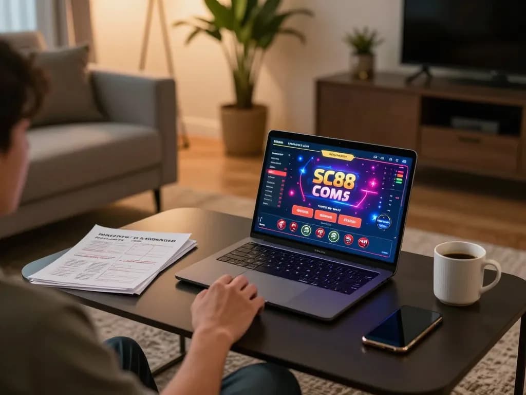 Player strategizing betting on SC88 Com from home, showcasing a laptop with the casino interface.