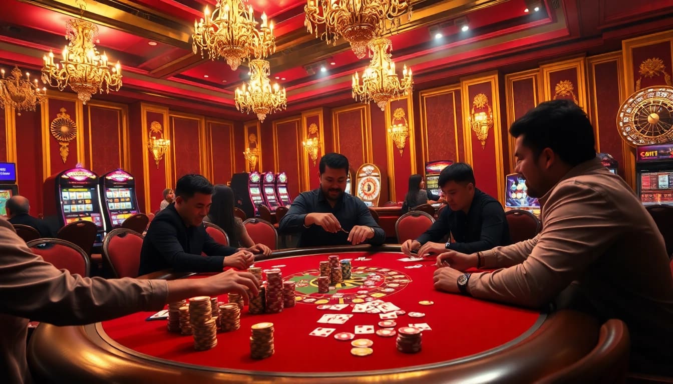 Players enjoying a lively poker game at MK8thai casino with luxurious decor and excitement.