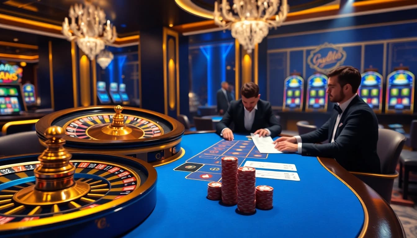 Players engaging at Goal123 casino tables with vibrant colors and high-stakes ambiance.