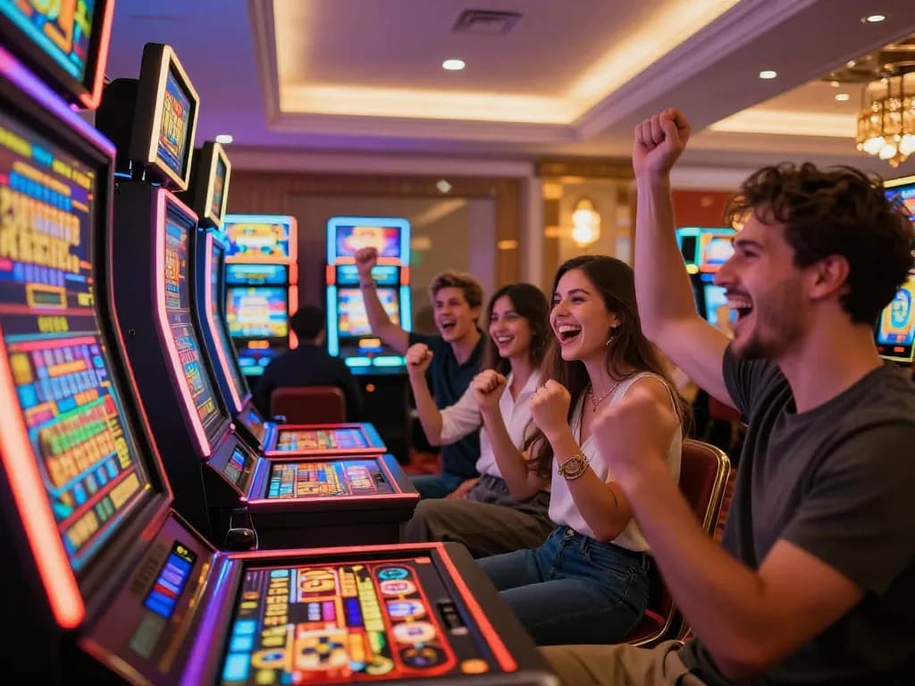 Friends celebrating a win at SHBET slot machines with vibrant colors and exciting atmosphere