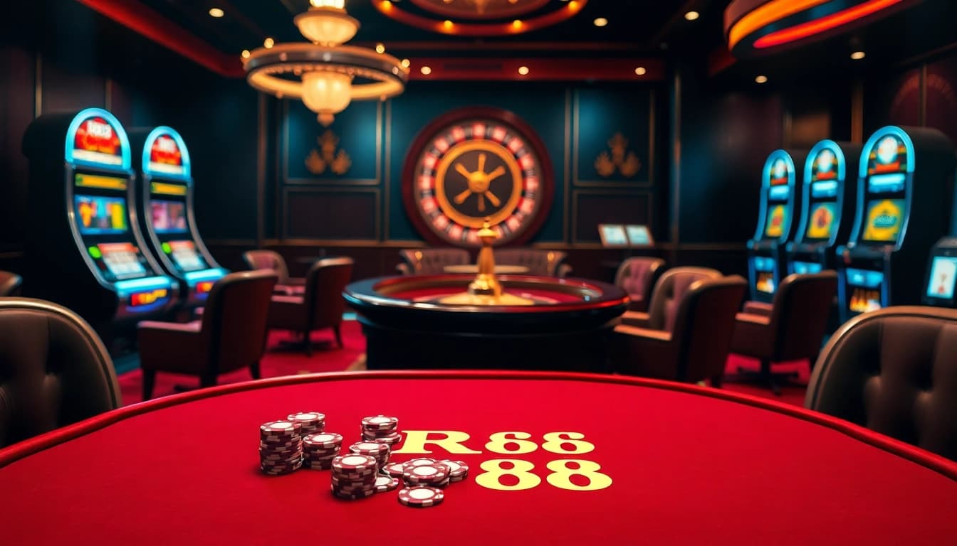 RR88 casino scene with poker table and roulette wheel, showcasing excitement and luxury in gambling.