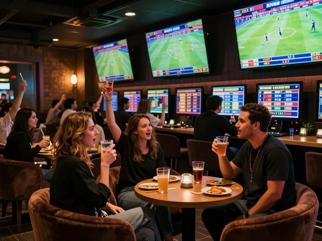 Fans placing bets and cheering at 8xbet sport lounge during live matches, vibrant atmosphere.