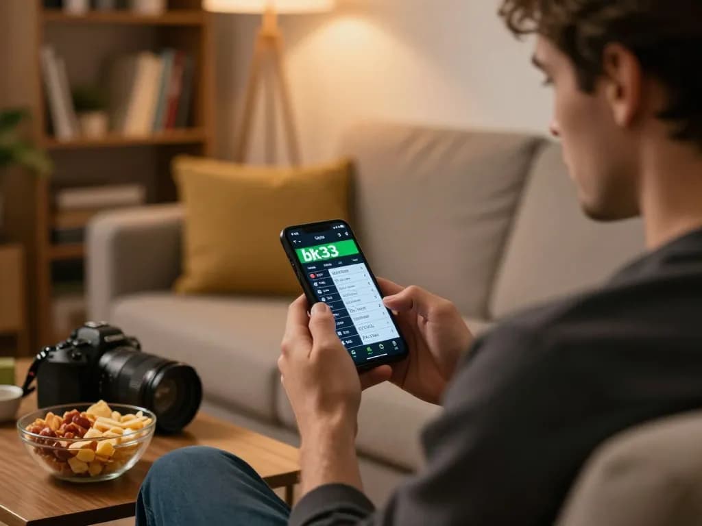 Engaging in sports betting on bk33 app while relaxing on a couch