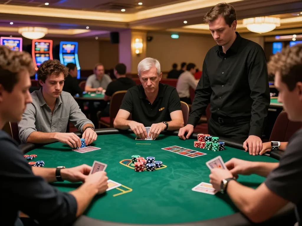 Bsport poker table action with players engaged in strategic gameplay, vibrant casino atmosphere illuminated by warm lighting.
