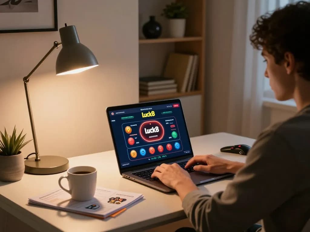 Person playing luck8 online casino on a laptop at home with gaming strategy notes.