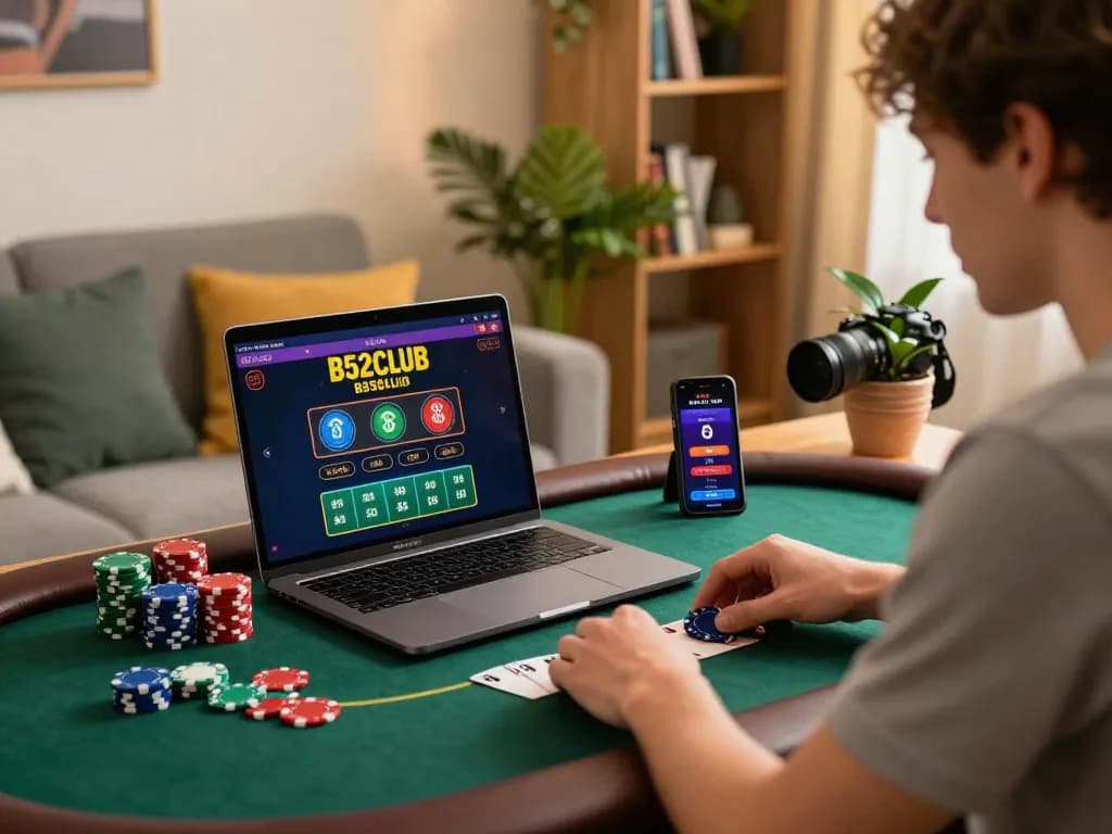 Engaging player strategizing at B52CLUB online casino on laptop with chips and smartphone.