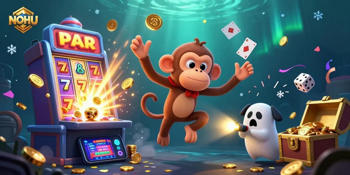 Experience the thrill at NOHU with a whimsical monkey juggling golden casino treasures in a vibrant scene.