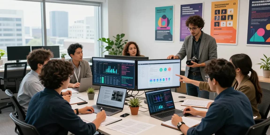 Team discussing NSFW content trends in a modern office setting with vibrant decor and collaborative energy.