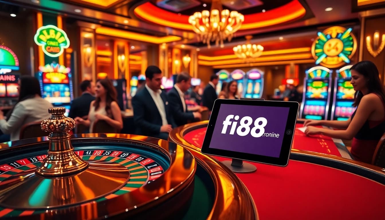 Experience the excitement of gaming at fi88pro.online with immersive casino visuals featuring vibrant roulette and blackjack.