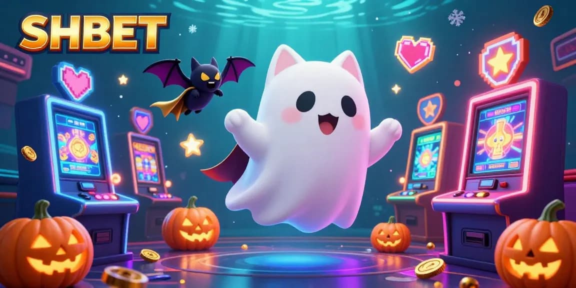 Experience immersive gaming at SHBET with a friendly ghost cat and vibrant casino elements.