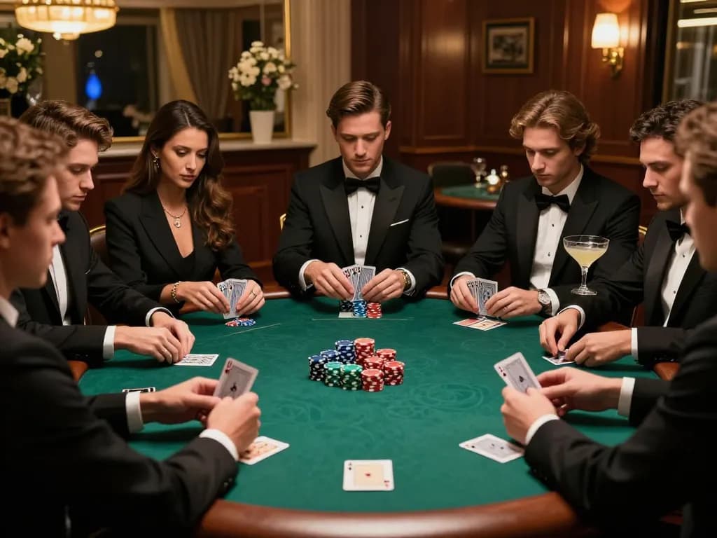 Players strategizing in a high-stakes LC88 poker game, showcasing cards and chips under elegant lighting.