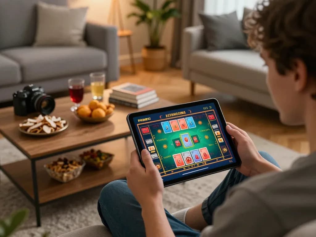 Engaging gameplay on Jun88 app as user immersed in online casino experience on tablet in cozy home.