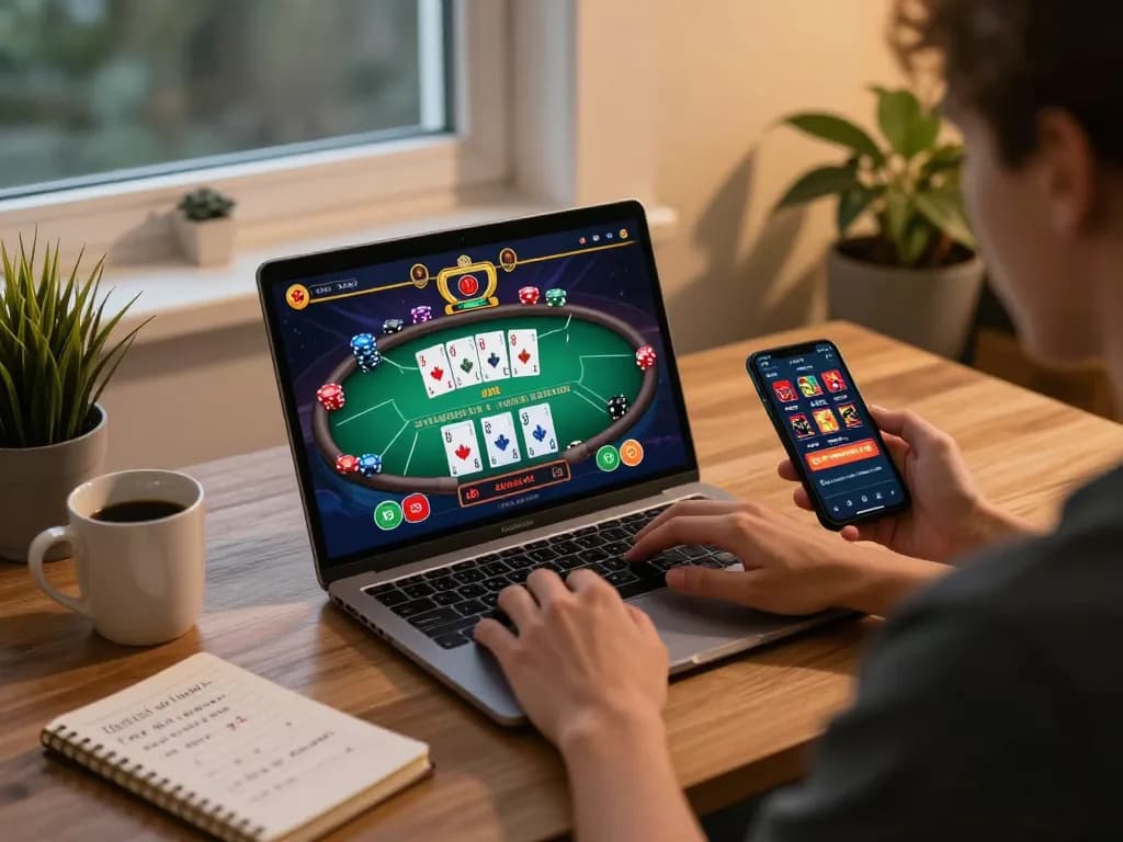 Engaging with Canada online casinos from home using laptop and smartphone for strategic gameplay.