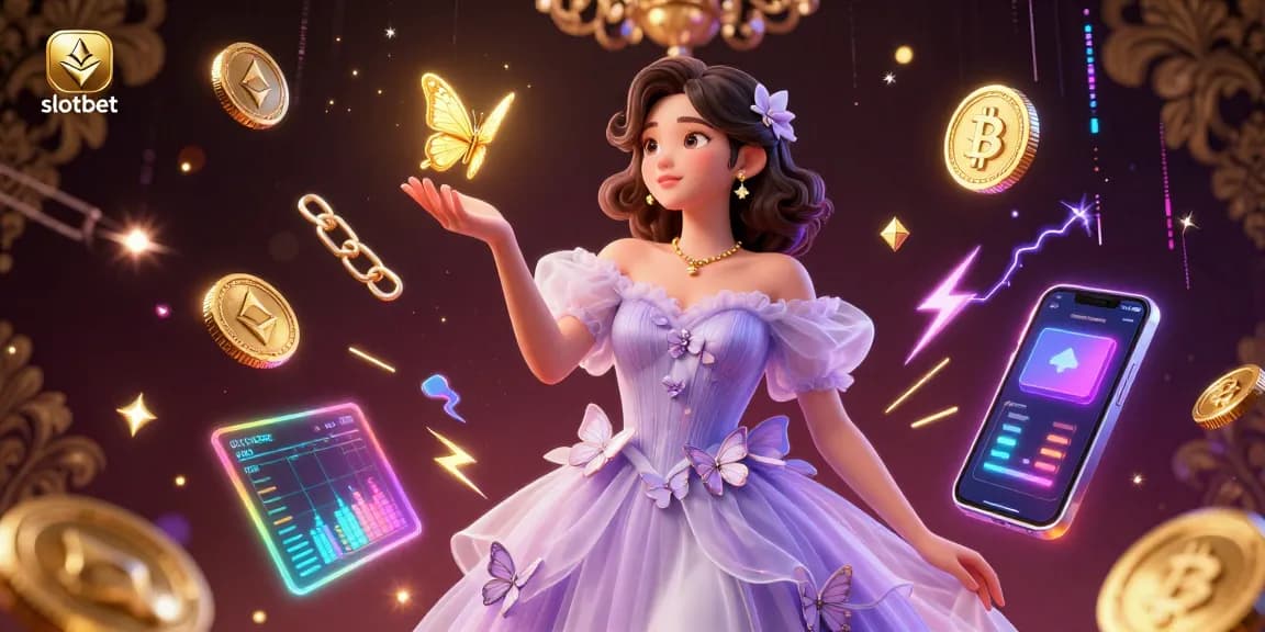 Play exciting games at slotbet amidst golden butterflies and vibrant crypto elements in this dynamic 3D scene.