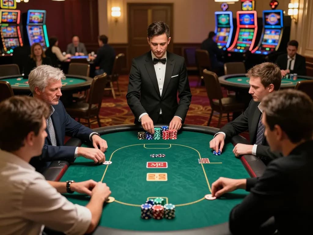 Engaged players at a UU88 poker table showcasing vibrant chips and strategic gameplay.