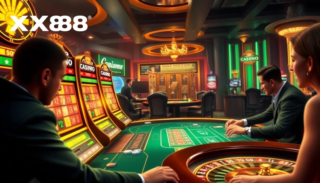 Engaged players celebrating victories at XX88's vibrant online casino interface.