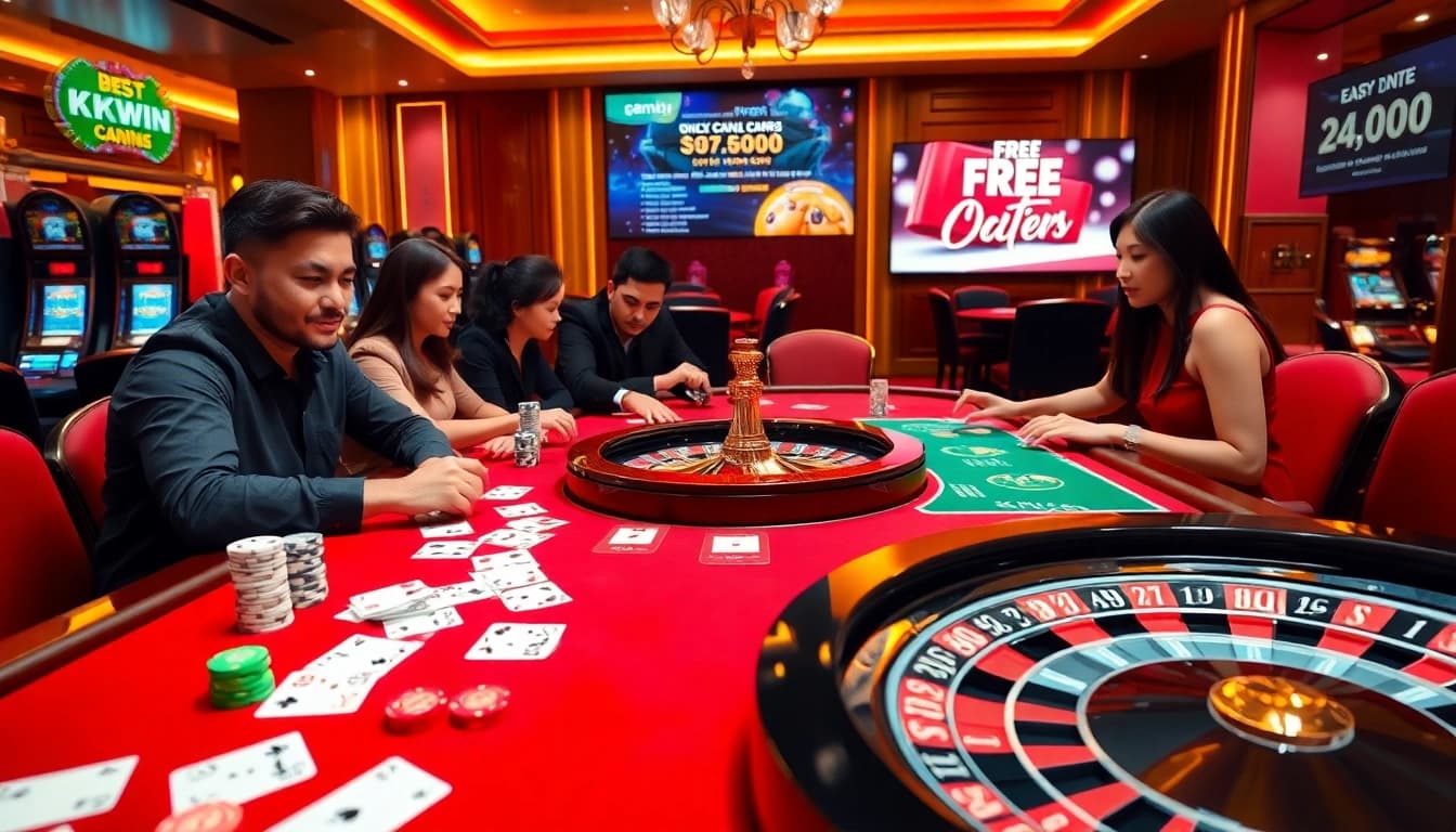 Engage in thrilling gameplay at KKWIN's modern casino table with poker chips and cards.