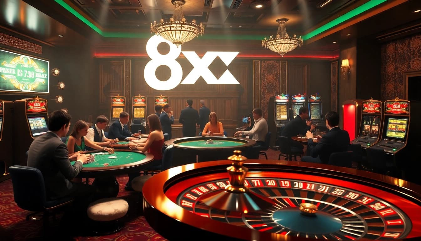 Players engaging in high-stakes gambling at 8xx casino tables, showcasing excitement and luxury.