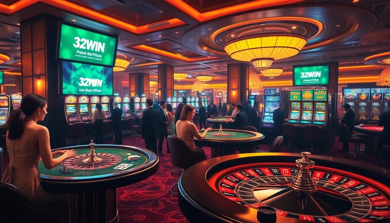 Players enjoying card games and slots at 32WIN Casino, showcasing excitement and luxury.