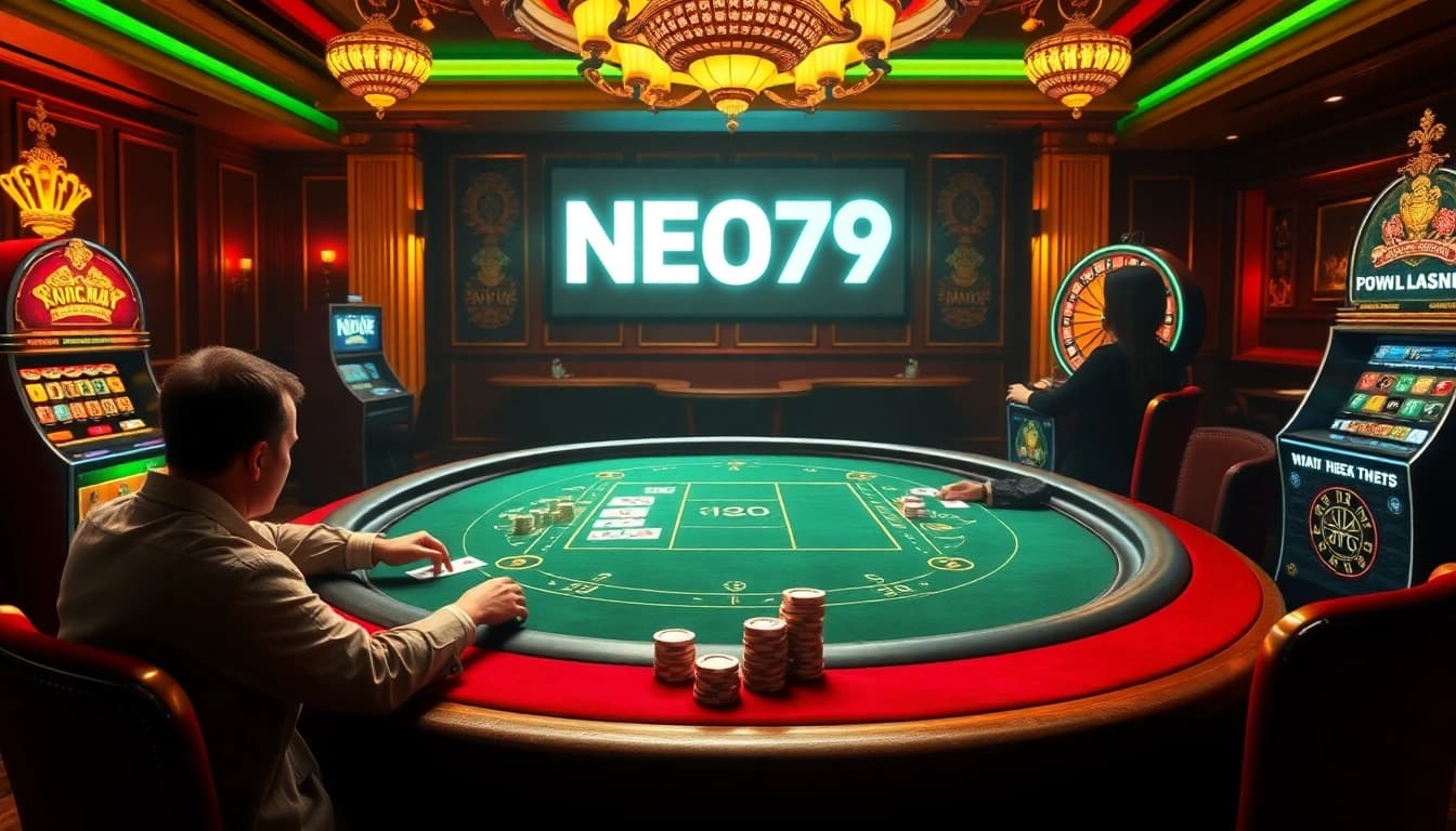 Players at NEO79 poker table making exciting bets with dynamic casino elements.