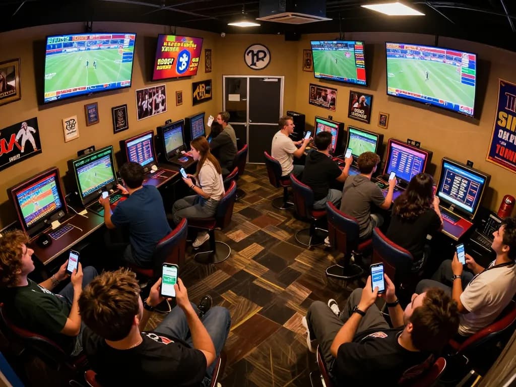 Fans enthusiastically placing bets using the f8beta2 app in a lively sports betting lounge.