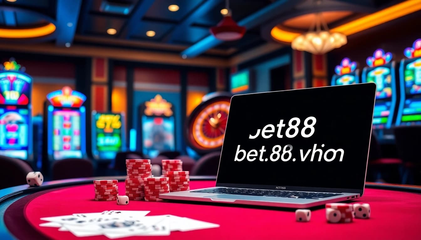 Players engaging with betting slips and a laptop showing https://bet88vn.bio in a vibrant casino scene.