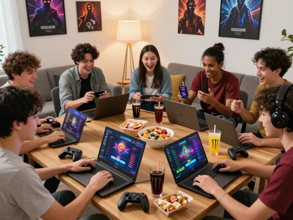 Group of friends enjoying LUCKYWIN gaming experience at home, showcasing excitement.