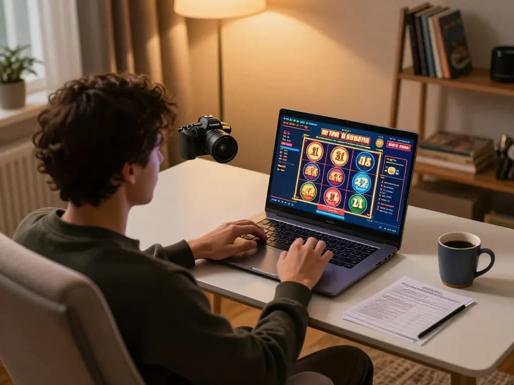 Terlibat dalam permainan strategis di Planet77 sambil bermain slot online di laptop.