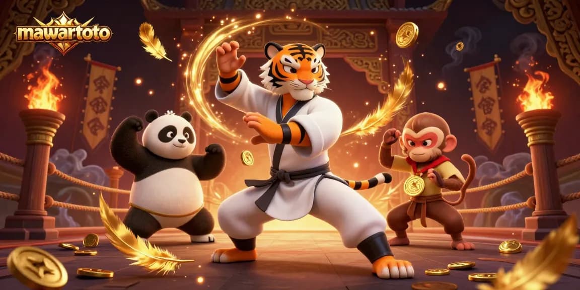 Experience thrilling wins with mawartoto in a vibrant scene featuring a kung fu tiger and panda.