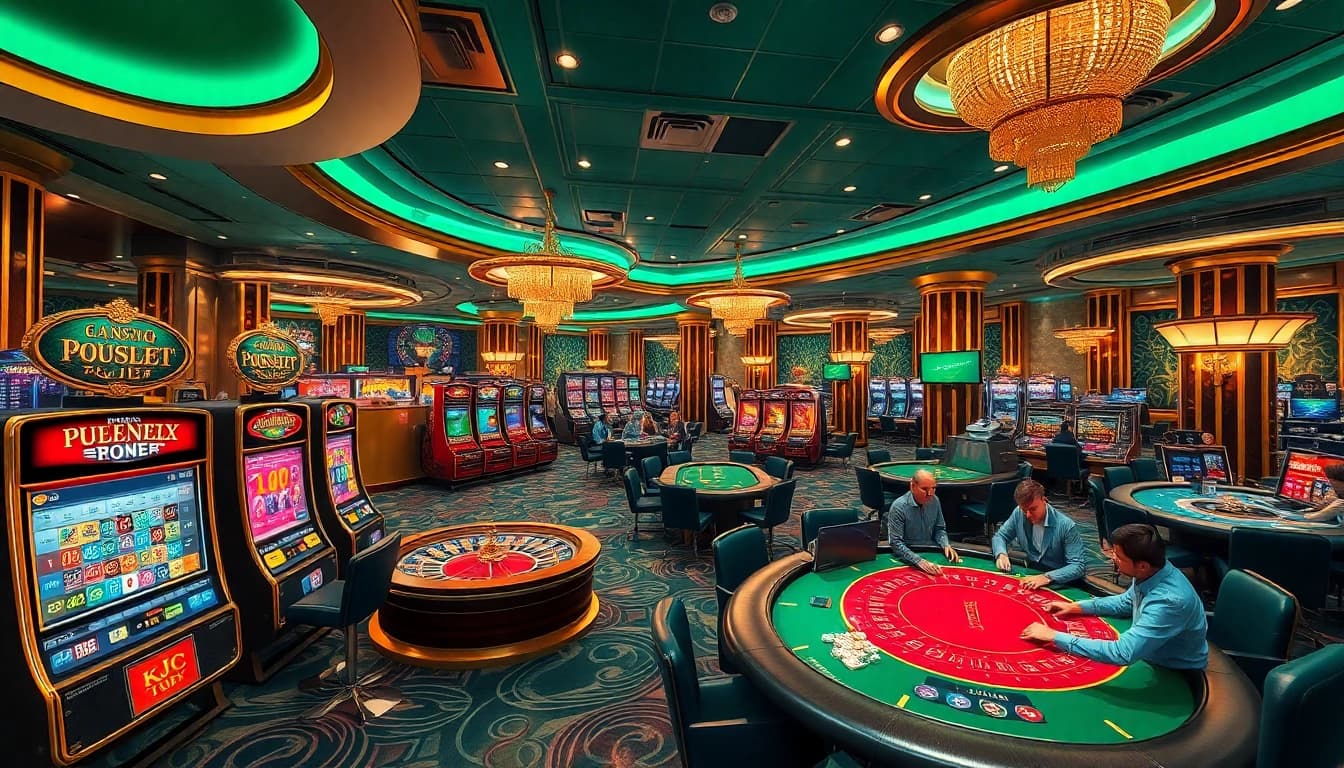 KJC casino gaming scene with vibrant slot machines, roulette wheel, and engaged poker players.
