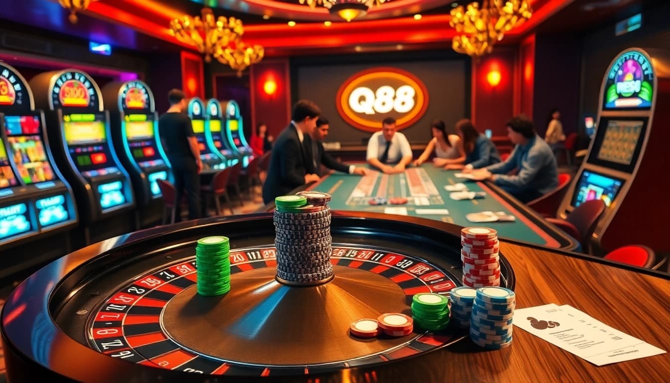 Engaging players at a qh88 casino table with vibrant roulette wheel and betting slips.