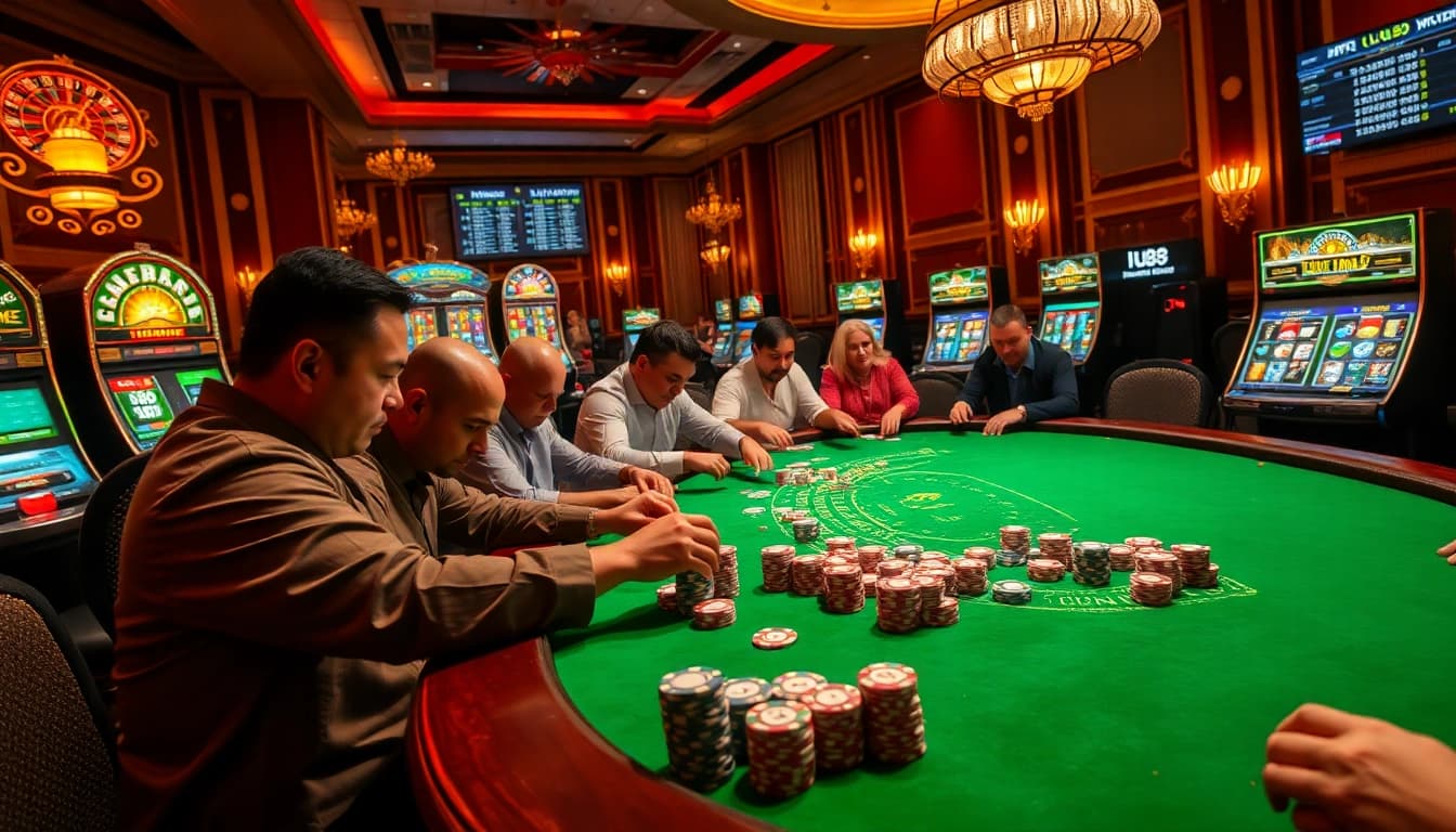 Experience thrilling gameplay with Lu88's intense poker action at a luxurious casino table.