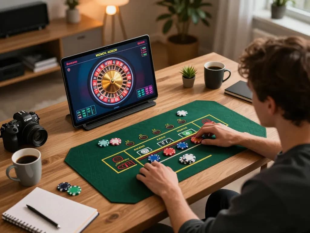 Engaging in LU88 bet during a live dealer game, showcasing online casino gaming atmosphere with a laptop.