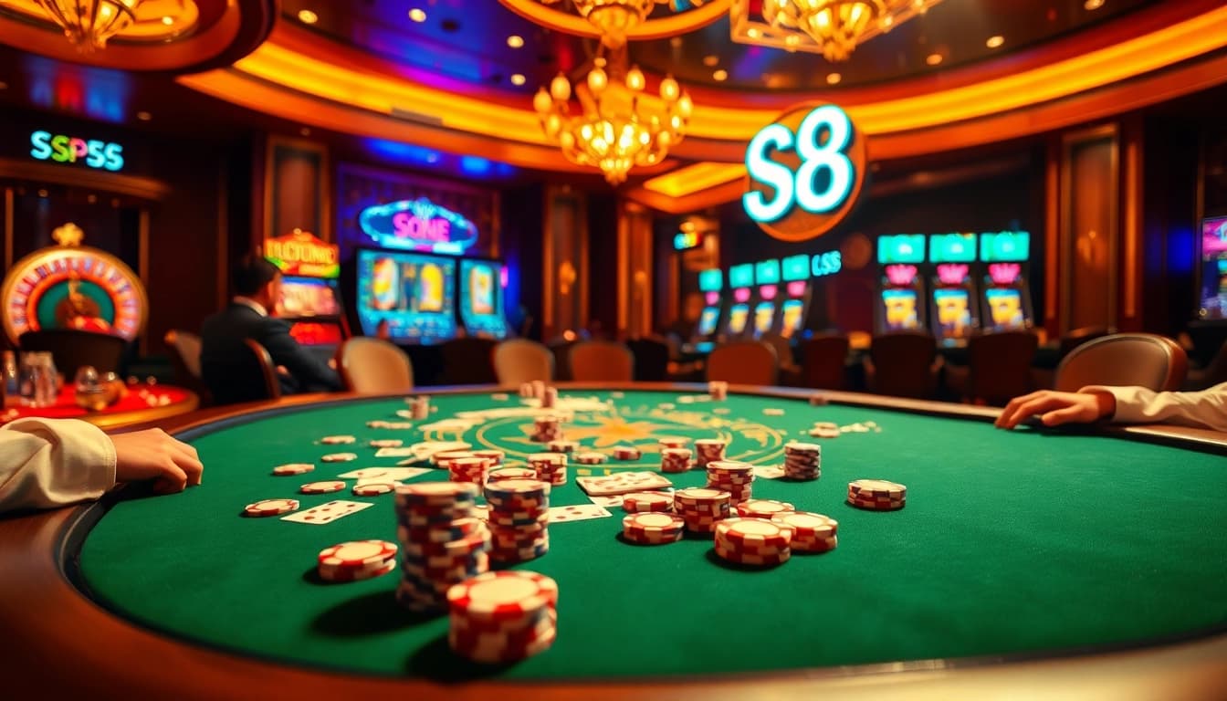 Engaging casino scene showcasing high-stakes S8 poker action with vibrant decor and luxury.